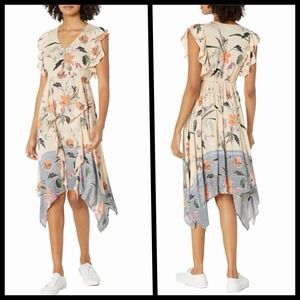 NWT Angie Floral Scarf Hem Dress Large V-Neck Flutter Sleeves Ruffle Soft Girl
